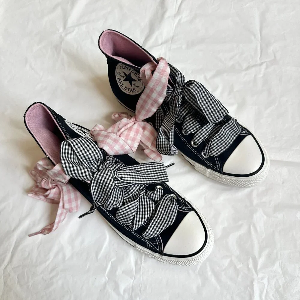 NEW Converse Women Shoes 8.5 Casual Black with Barbie PINK High Top Sneakers - Picture 2 of 9